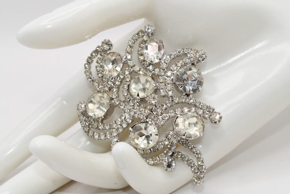 Vintage KRAMER Clear Rhinestone Floral Brooch Rhodium Plated 2.5"